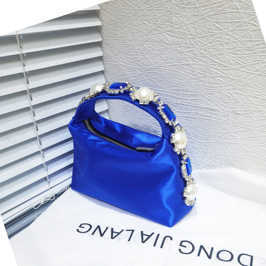 Women's Rhinestone Pearl Pillow Dinner Silk Lunch Handbags