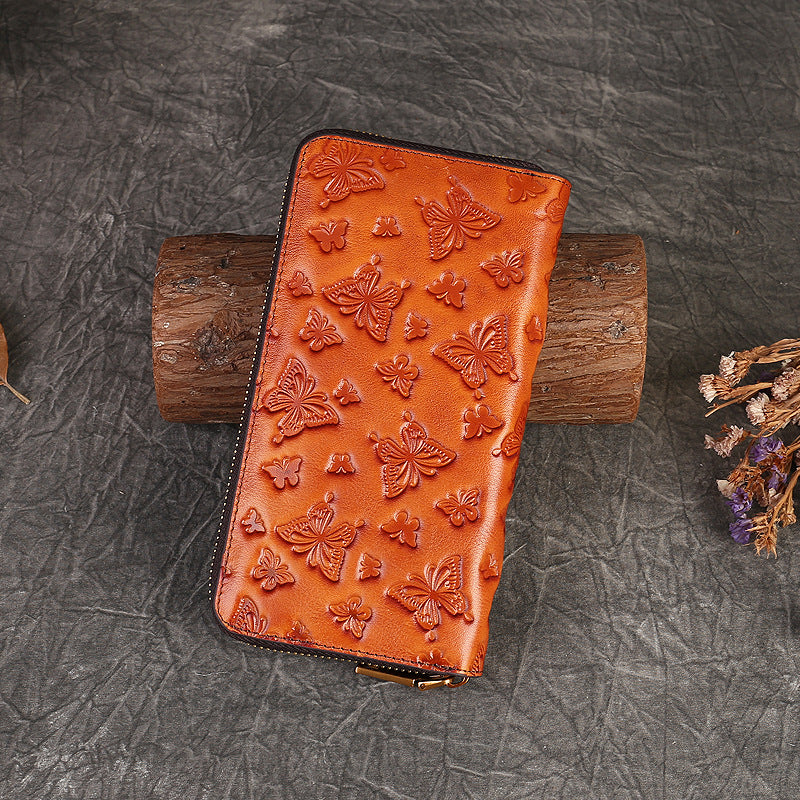 Women's Genuine Leather Summer Vintage Butterfly Embossed Ladies Wallets