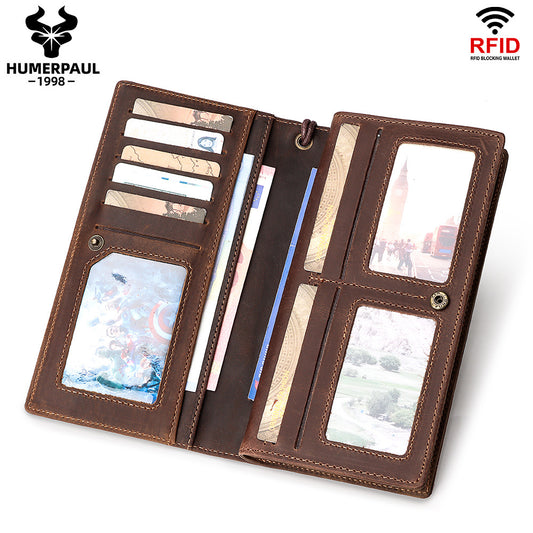 Men's First Layer Cowhide Drawstring Mobile Long Men's Wallets