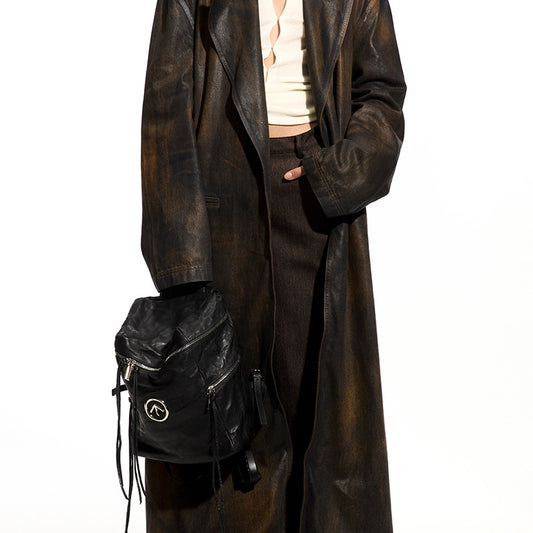 Black Stone Size Pleated Sheepskin Soft Backpacks