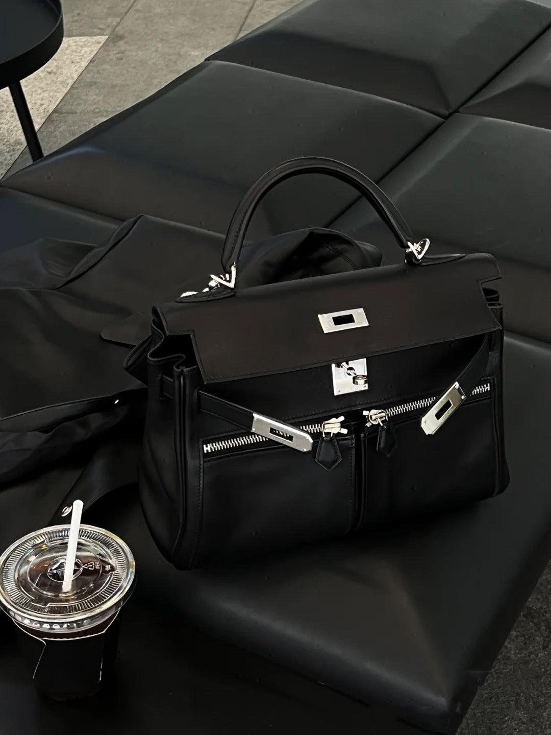 Women's Top Layer Cowhide Kelly Double Pocket Genuine Crossbody Bags