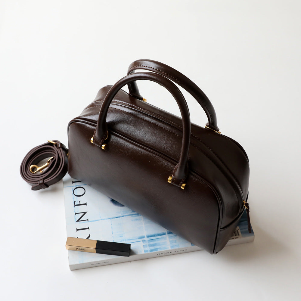 Korean Style Boston Pillow Cowhide Vintage Handbags