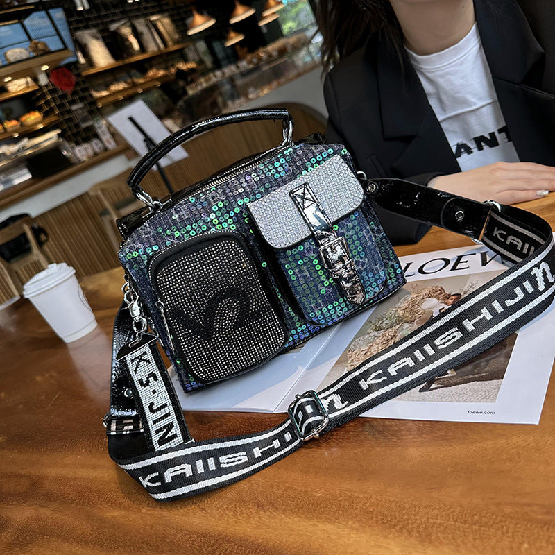 Women's Fashionable Rhinestone Contrast Color Crack Glossy Shoulder Bags