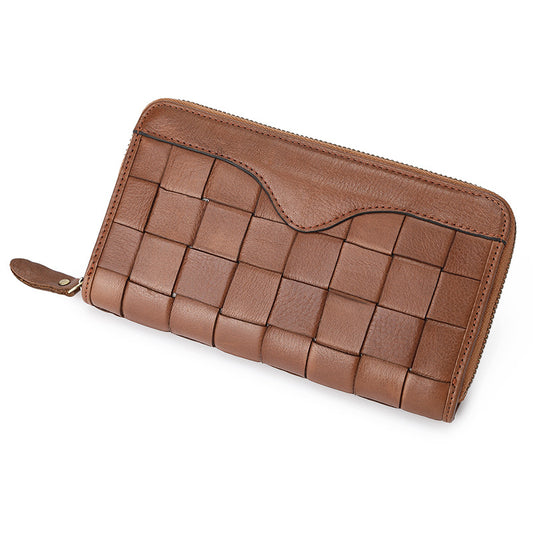 Men's Layer Cowhide Woven Long Zipper Leather Men's Wallets