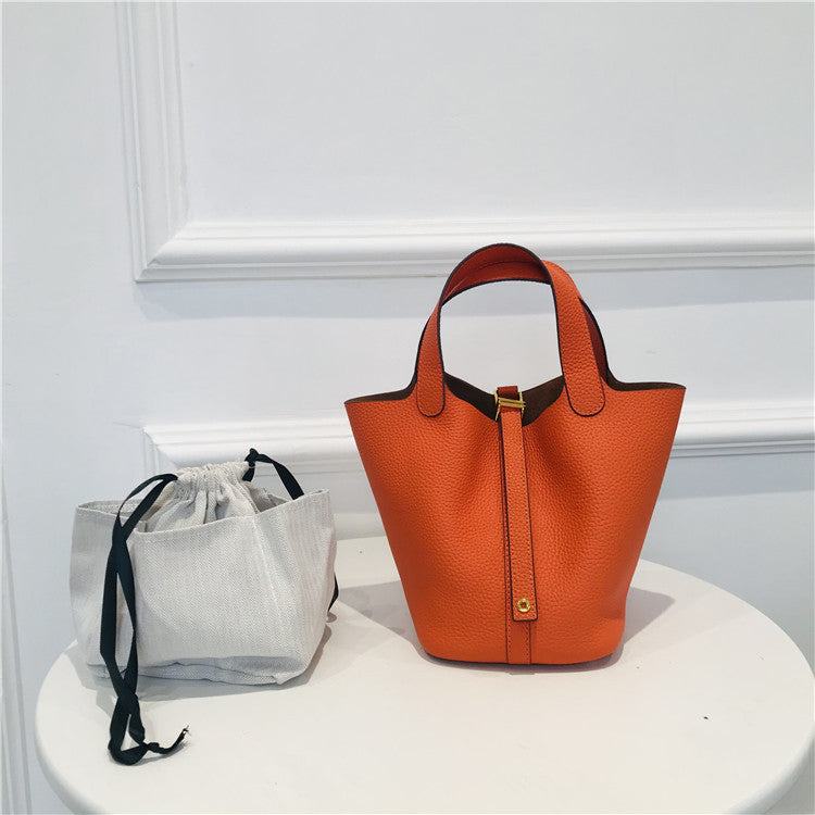 Vegetable Basket Layer Cowhide Lychee Pattern Handbags