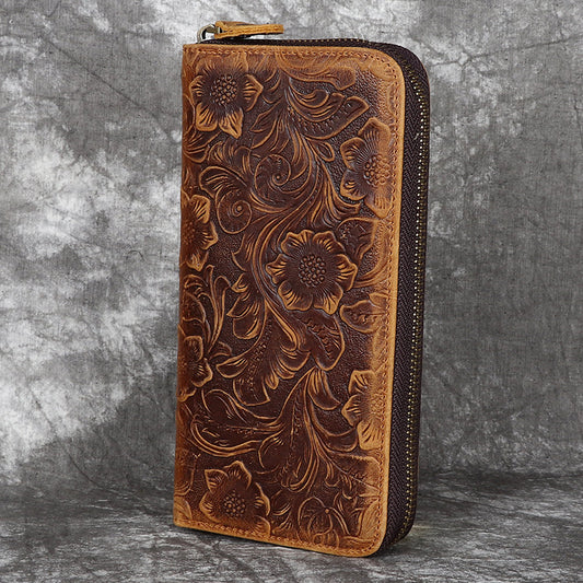 Men's Leather Zipper Retro Embossing First Layer Men's Wallets
