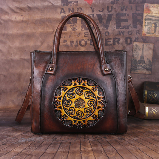 Women's Layer Cowhide Retro Craft Embossed Hand-rub Bags