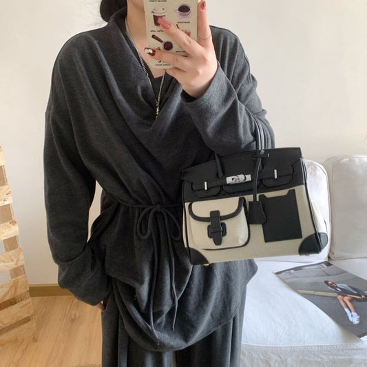 Women's Contrast Color Canvas Leather Stitching High-grade Handbags