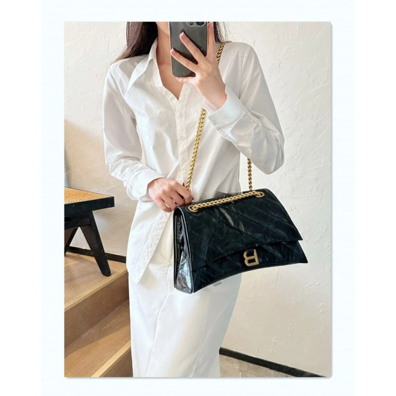 Women's Twill Hourglass Leather Folds Rhombus Chain Buckle