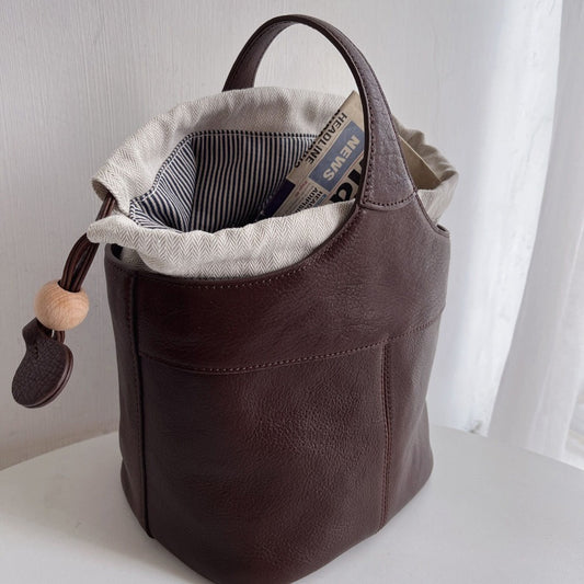 Women's Glutinous Leather Vintage Vegetable Basket First Bucket Bags