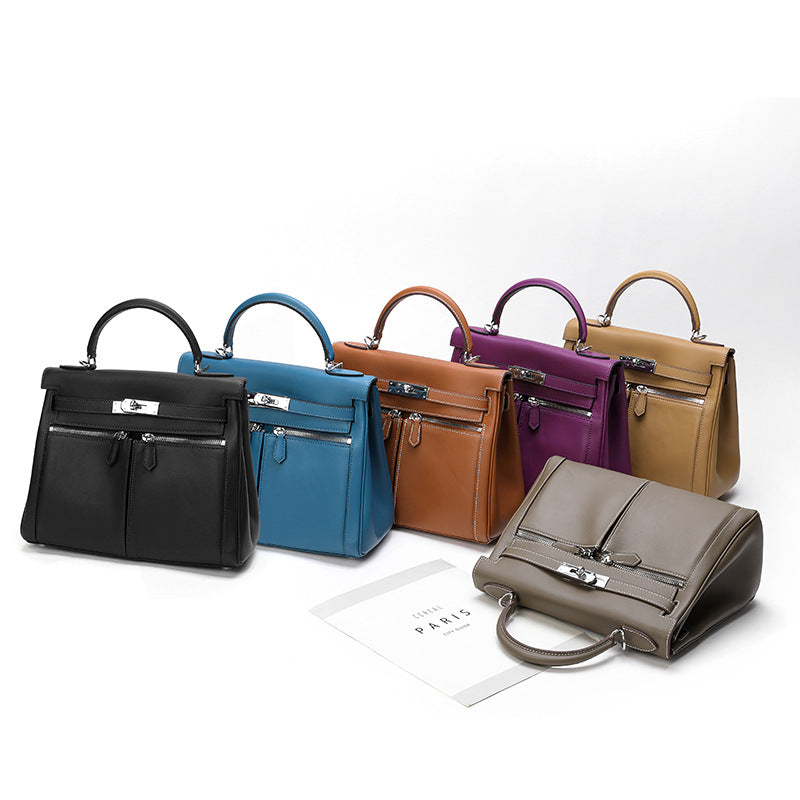 Women's Leather Retro Double Pocket Zipper Wide Handbags