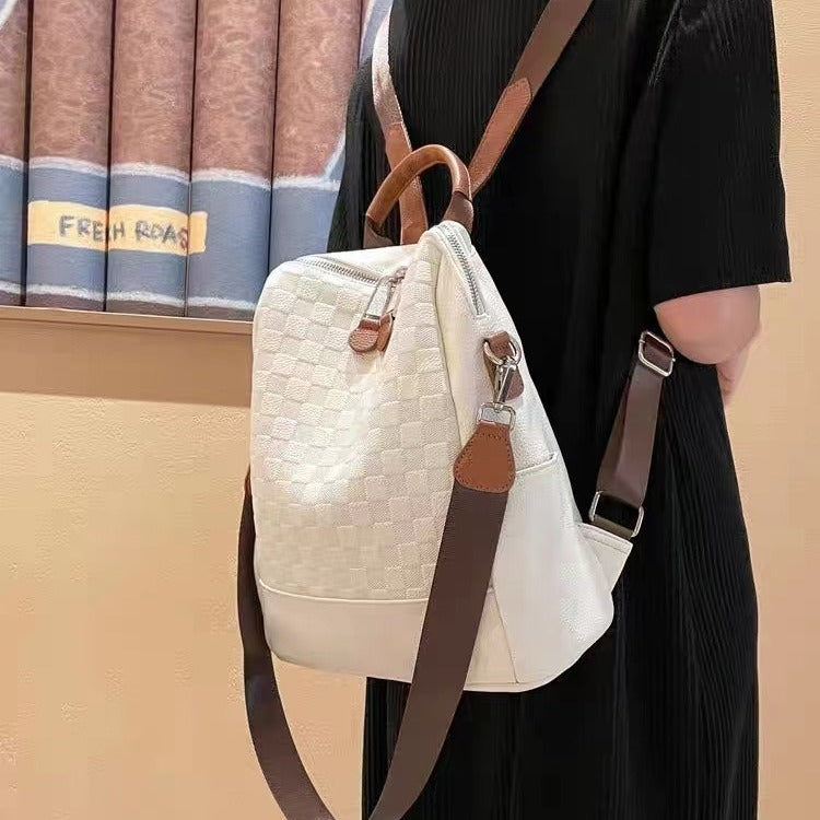 Women's Fashionable High-grade Design Chessboard Plaid Leather Backpacks