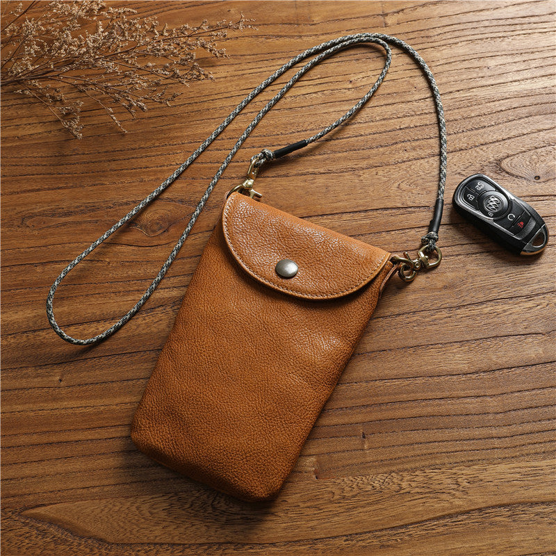 Women's & Men's Vegetable Tanned Leather Cowhide Mobile Mini Genuine Halter Crossbody Bags