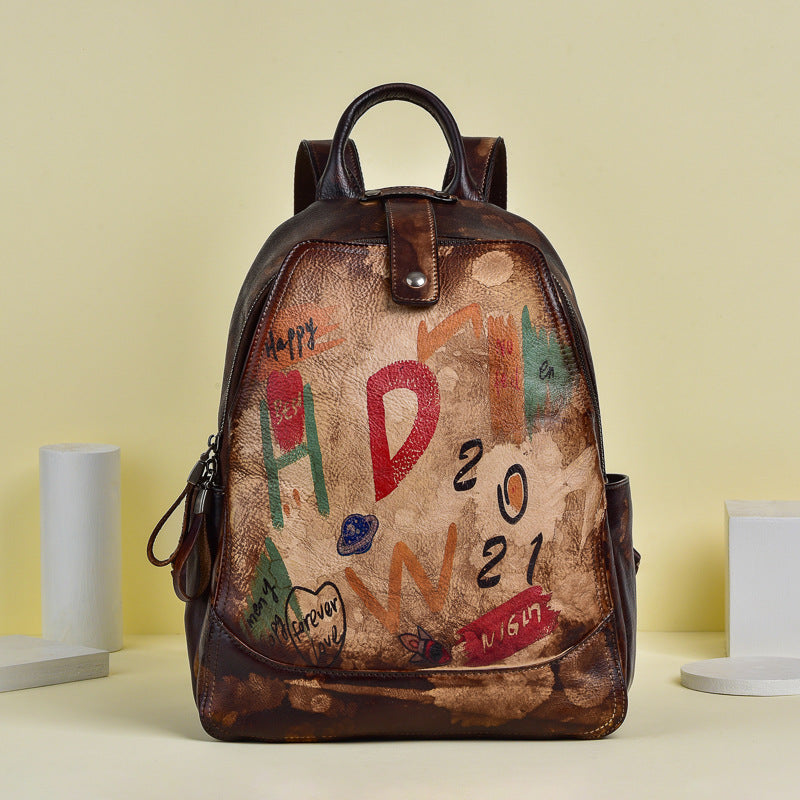 Women's Retro First Layer Cowhide Large Capacity Backpacks