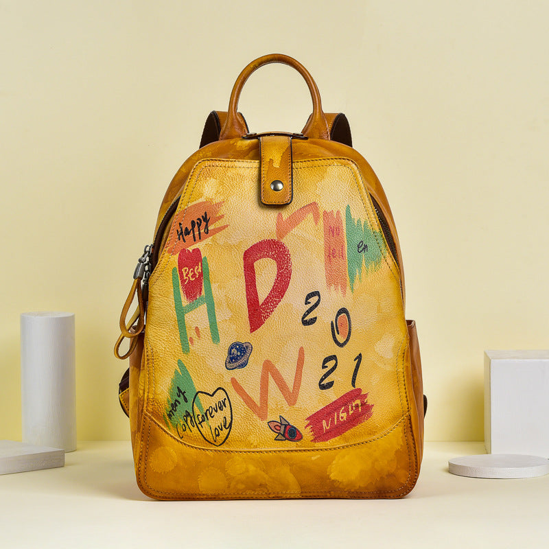 Women's Retro First Layer Cowhide Large Capacity Backpacks