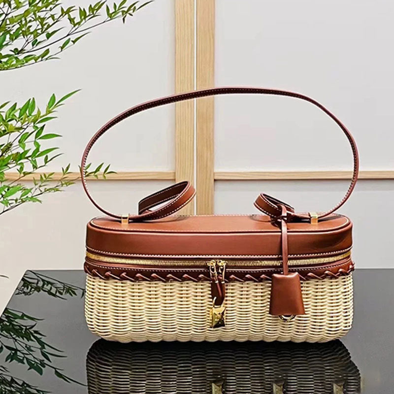 Handmade Rattan Weave Bamboo Woven Cowhide Crossbody Bags
