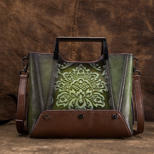 Women's Retro First Layer Cowhide Portable Female Embossed Hand-rub Handbags