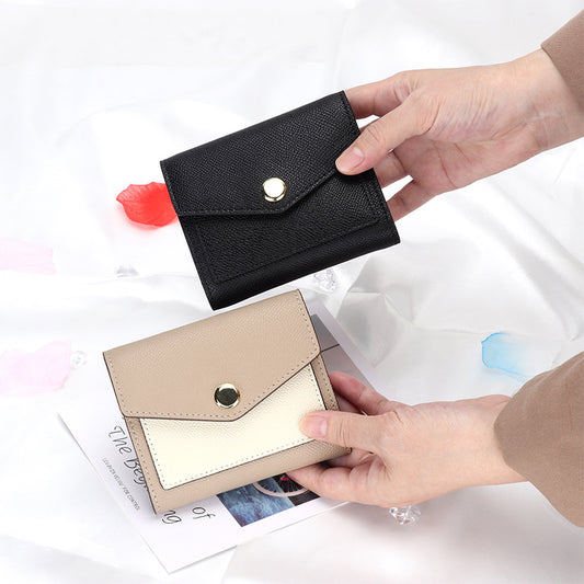 Women's Full Leather Short Korean Style Contrast Color Versatile Ladies Wallets