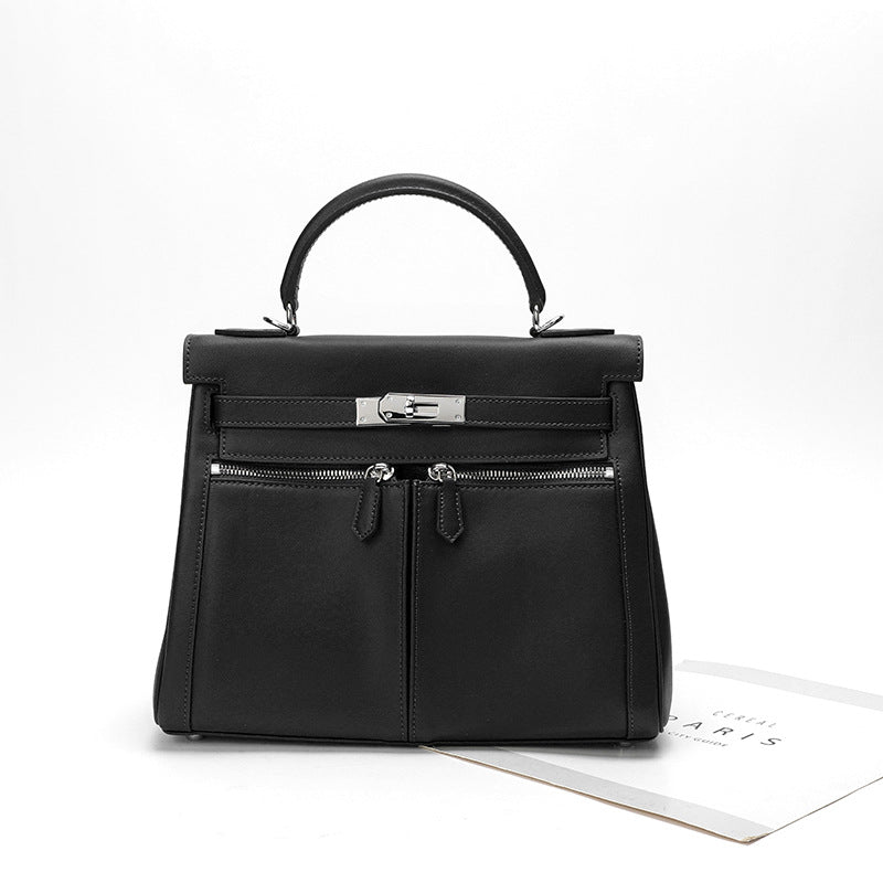 Women's Leather Retro Double Pocket Zipper Wide Handbags