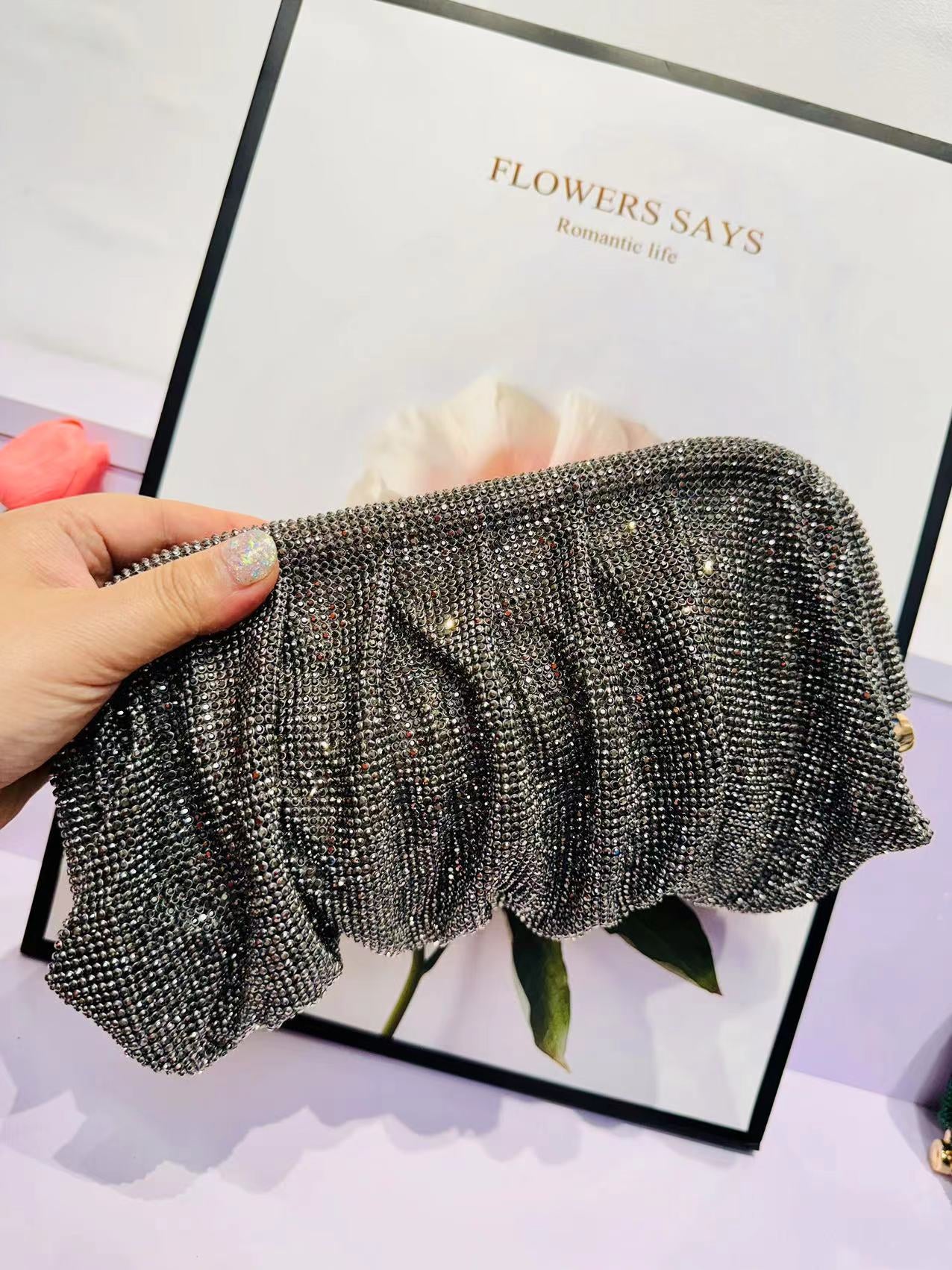 Women's Shiny Diamond Cloud Dumpling Dinner Rhinestone Pleated Evening Bags