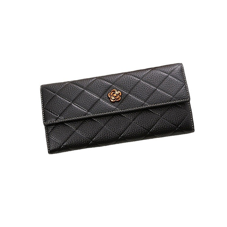Women's First Layer Cowhide Clutch Long Camellia Ladies Wallets
