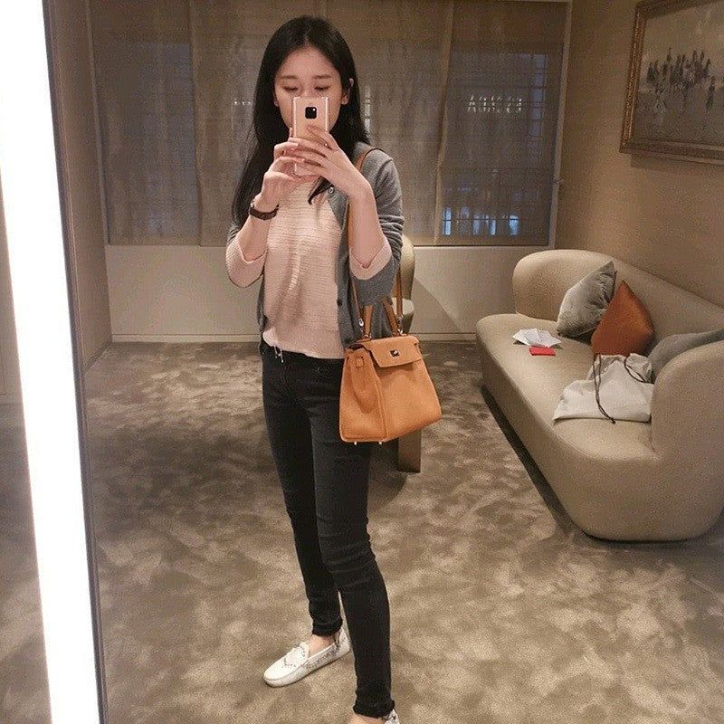 Women's Kelly Cow Leather Litchi Pattern Portable Shoulder Bags