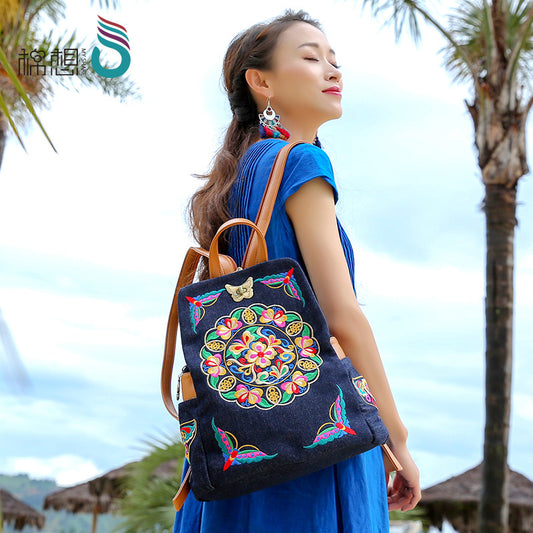 Women's Embroidered Chinese Style Denim Canvas Retro Backpacks