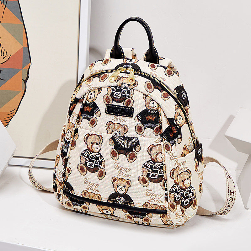 Women's Bear Attachment Embroidered Canvas Fashion Commuter Backpacks