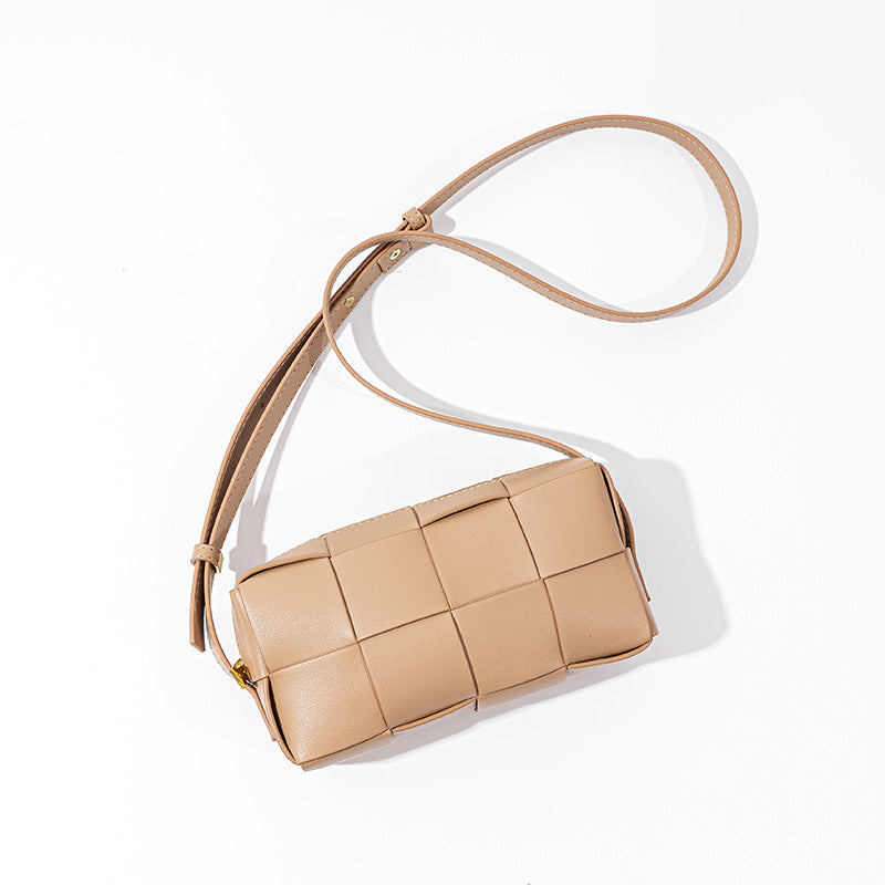 Women's Korean Style Genuine Leather Plaid Woven Crossbody Bags