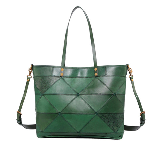 Women's Plaid Handmade Vintage Leather Geometric Stitching Top Layer Shoulder Bags