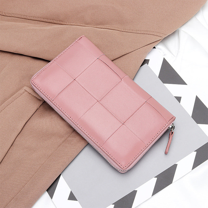 Sheepskin Large Woven Long Fashion Genuine Leather Zipper Ladies Wallets
