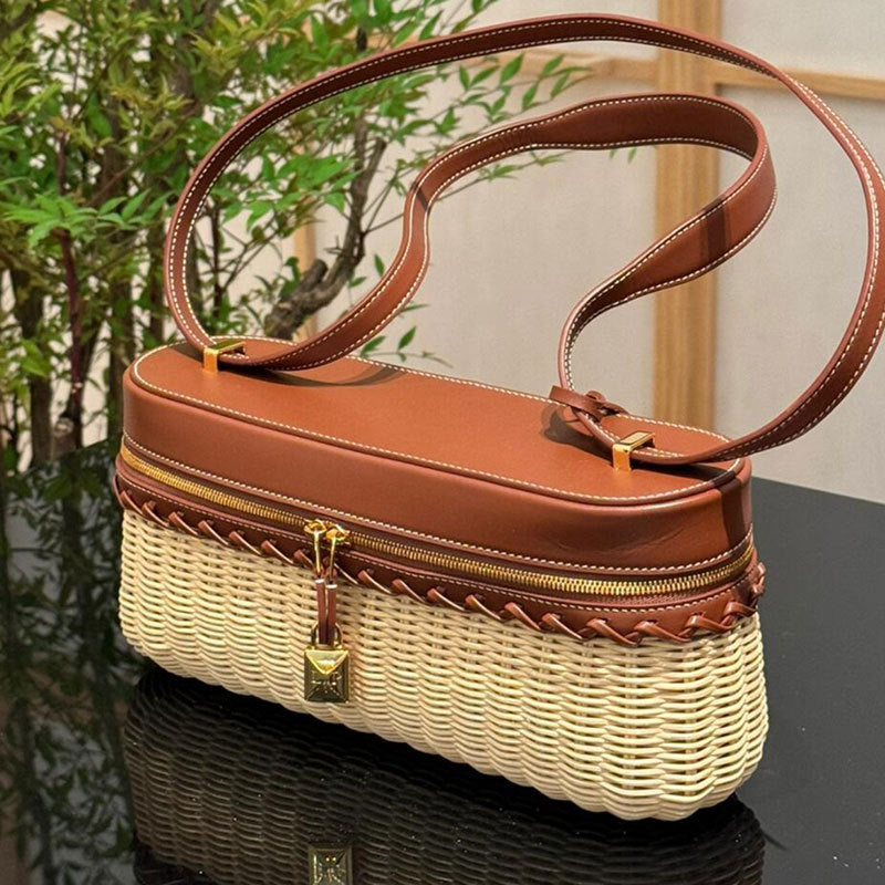 Handmade Rattan Weave Bamboo Woven Cowhide Crossbody Bags