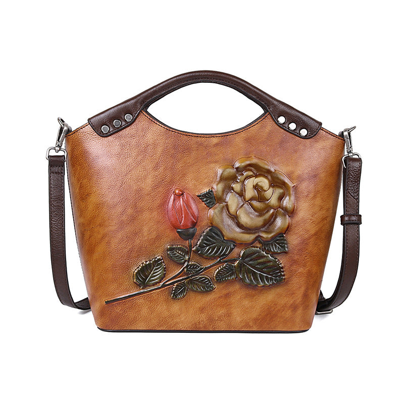 Women's First Layer Cowhide Large Capacity Rose Crossbody Bags