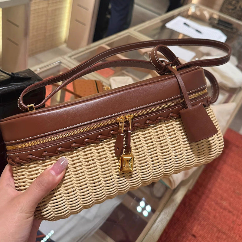 Handmade Rattan Weave Bamboo Woven Cowhide Crossbody Bags