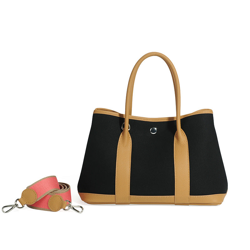 Large Capacity Canvas Stitching Contrast Color Genuine Cattlehide Leather Crossbody Bags