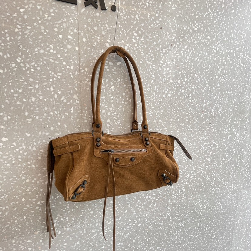 Women's Contrast Color Retro Cowhide Frosted Large Capacity Suede Shoulder Bags