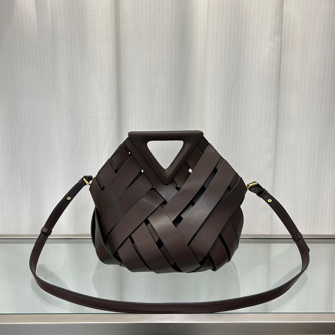 Women's Triangle Magnetic Authentic Leather Weave Hollow Crossbody Bags