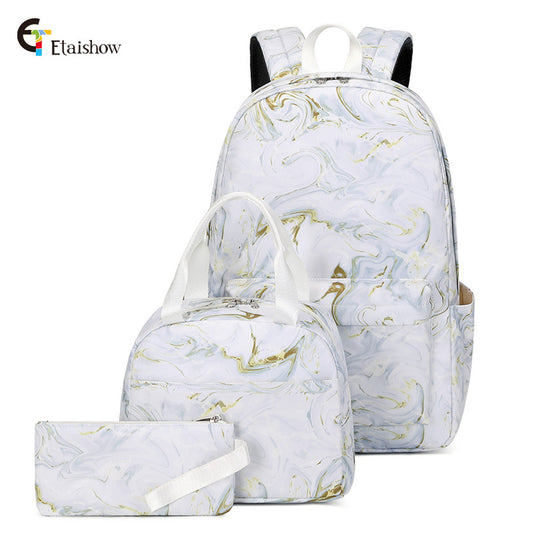 Women's Three-piece Marbling Printed Waterproof For Junior Backpacks