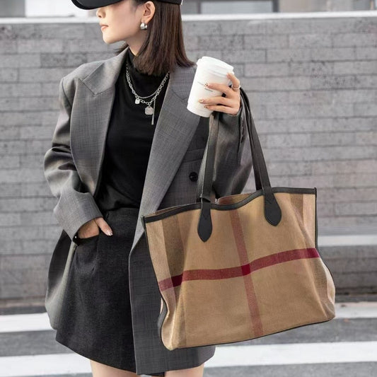 Women's Plaid Jute Leather Hand Large Capacity Handbags
