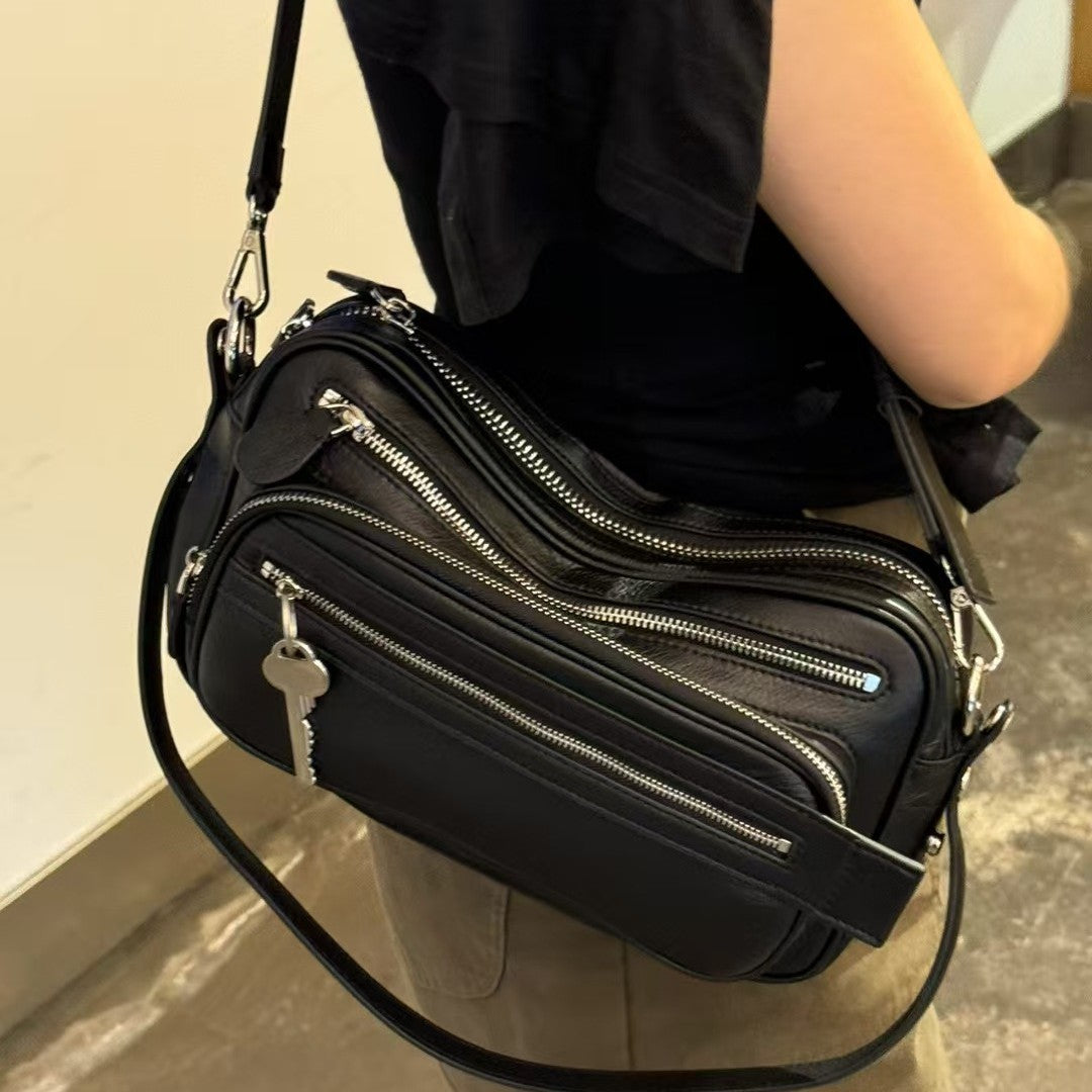 Women's Niche Cowhide Textured Oil Wax Leather Crossbody Bags