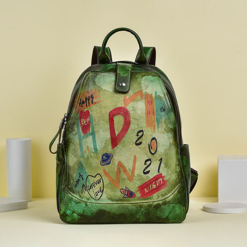 Women's Retro First Layer Cowhide Large Capacity Backpacks