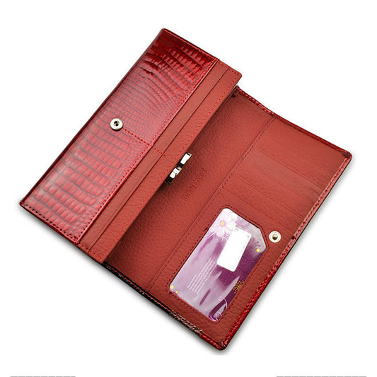 Women's Cowhide Patent Leather Snap Button Crocodile Ladies Wallets