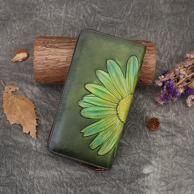 Women's Genuine Leather Ethnic Style Long Embossed Ladies Wallets