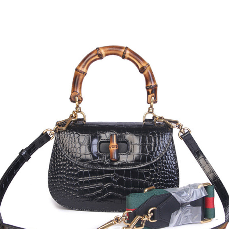 Women's Bamboo Retro Textured Genuine Leather Home Shoulder Bags