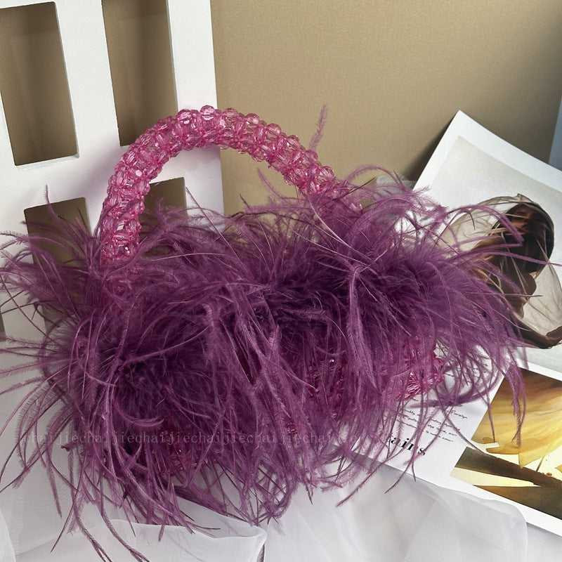Women's Acrylic Color Ostrich Feather Beaded Birthday Handbags