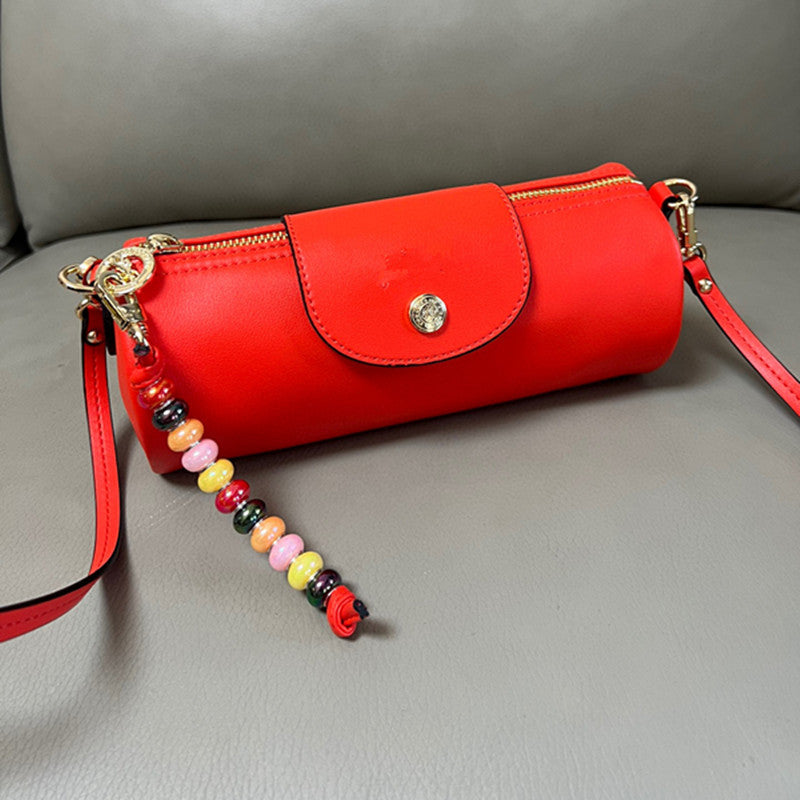 Beaded Dumpling Pen Portable Cowhide Mini Crossbody Bags