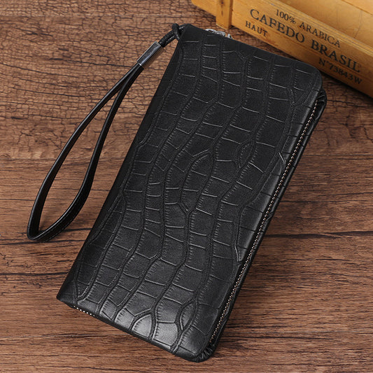 Men's Crocodile Pattern Man's Genuine Leather Double Zipper Long Multiple Men's Wallets