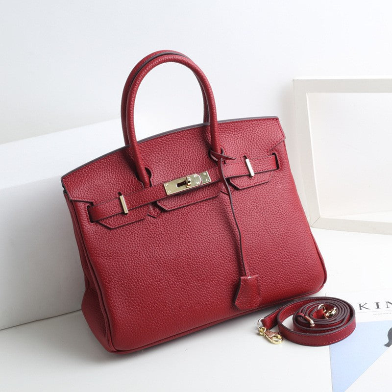 Women's Lychee Pattern Kelly Genuine Leather First Handbags