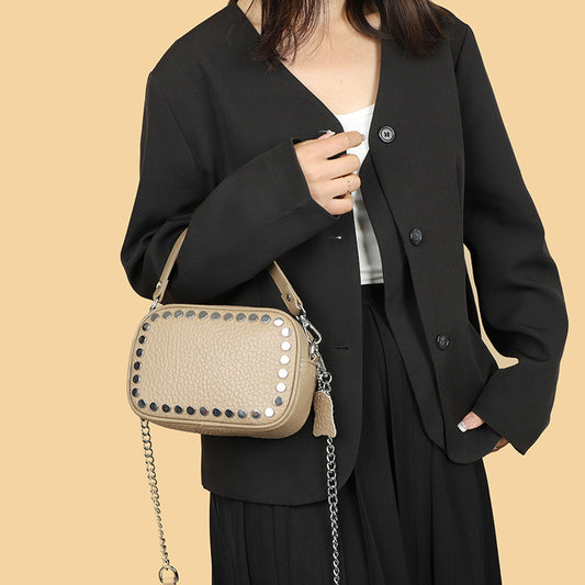 Women's Genuine Leather Fashion Rivet Top Layer Bags