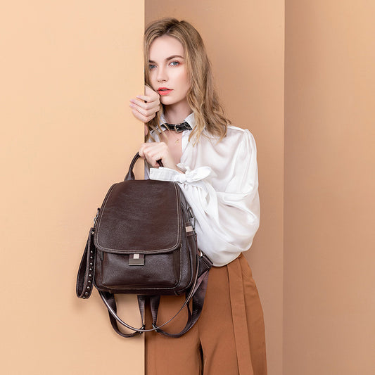 Women's Korean Cowhide Flip Soft Leather Backpacks